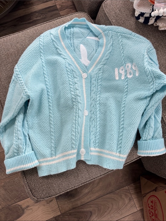 Sweaters - Light Blue Knit Cardigan with 1989 Patch